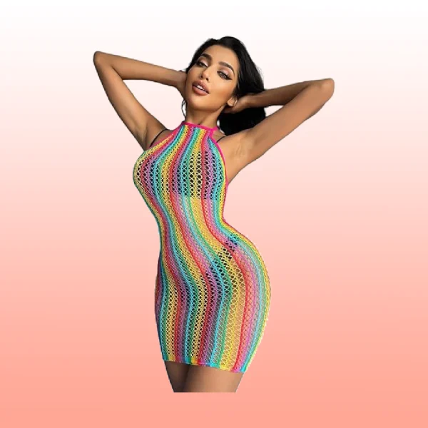 Rainbow Desire – Vestido de Malla Multicolor Sexy - Imagen 3